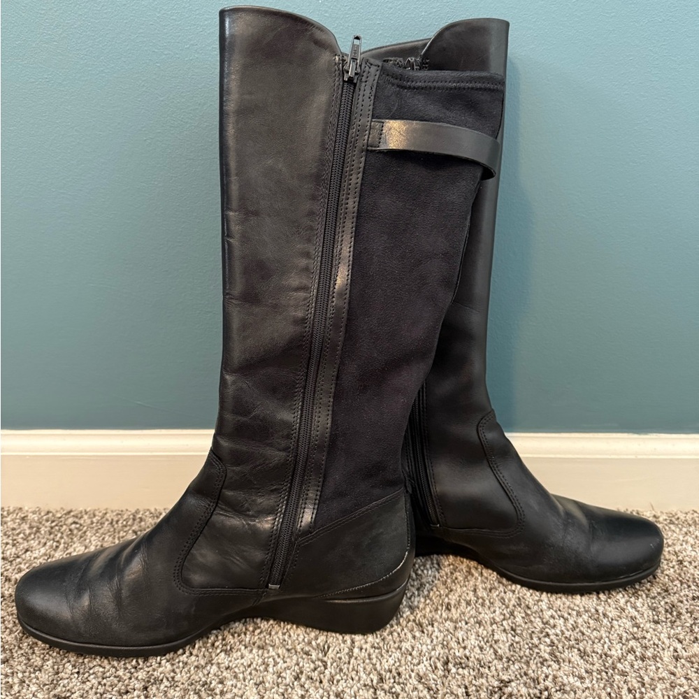 Black Over the Knee Leather Boots with Strap Detail